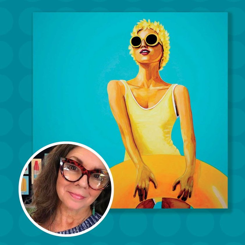 artwork titled "Sunny" by Michelle Mardis, with inset portrait of the artist.  This painting depicts a woman with yellow hair in a yellow swimsuit against a light blue background.