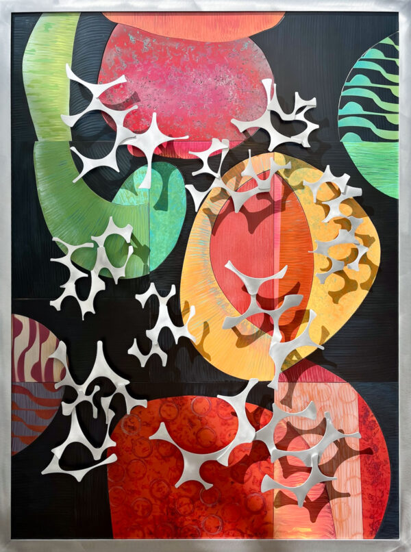 Mixed media artwork with aluminum shapes mounted above an aggregate of colorful enamel painted panels