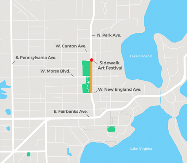Map of Winter Park Sidewalk Art Festival along Park Avenue between New England Avenue and Canton Avenue