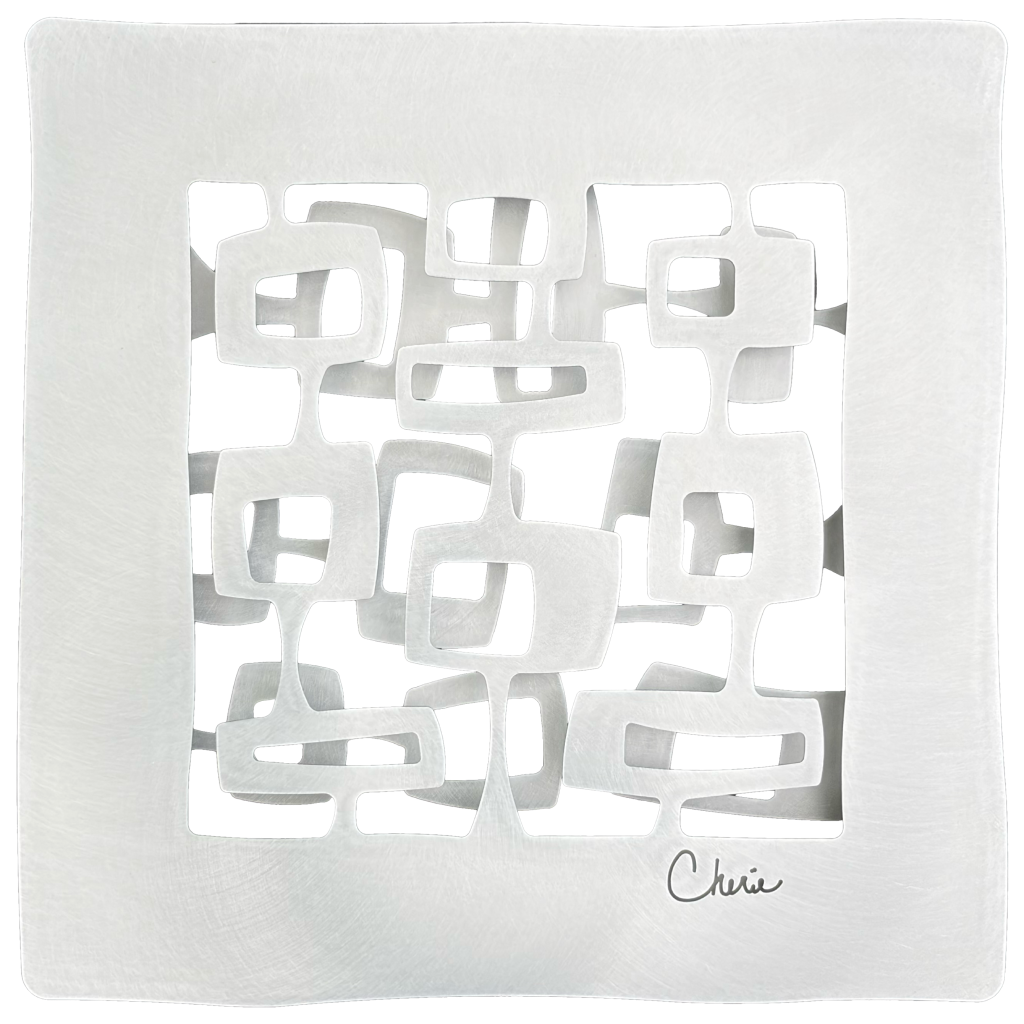 abstract midcentury square shapes cut out of aluminum and assembled into a 3d wall tile