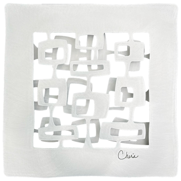 abstract midcentury square shapes cut out of aluminum and assembled into a 3d wall tile